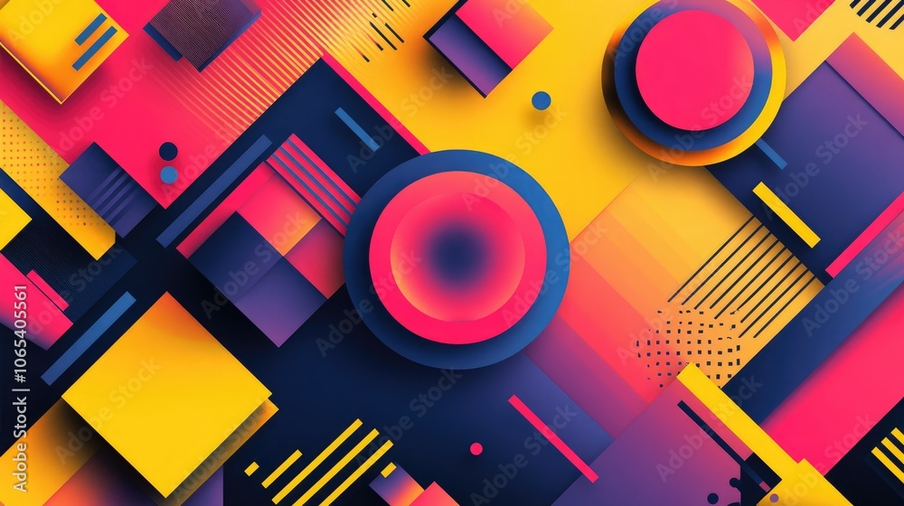 Poster Vibrant geometric shapes in an abstract pattern, with bold colors and dynamic composition, creating visual interest
