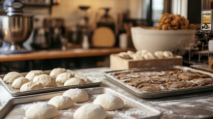Fototapeta premium A bakerâ€™s kitchen with various baking trays, dough resting on the counter, and a mixer in the background
