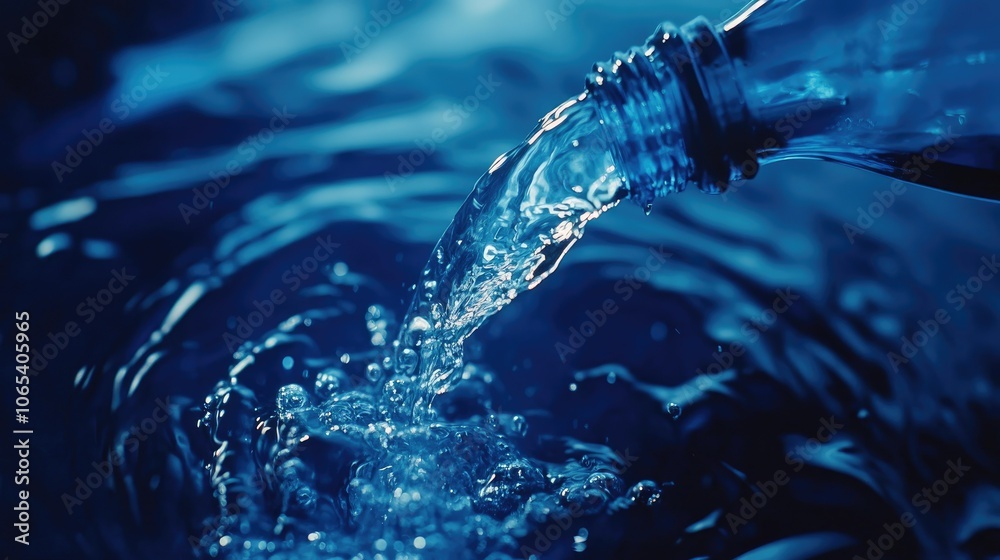 Poster water cascading from a tilted bottle into glass, creating ripples and splash, on deep blue backgroun