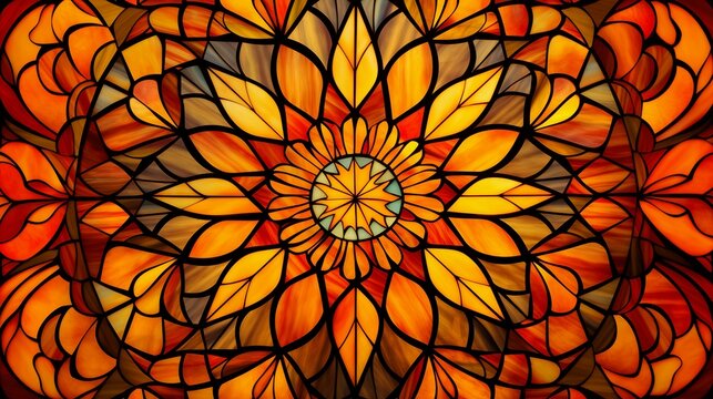 Vibrant Stained Glass with Sunburst Floral Pattern in Warm Colors