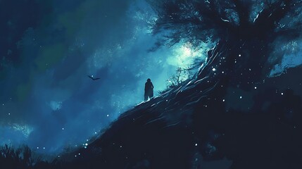 Obraz premium A Solitary Figure Stands on a Hilltop Under a Starry Night Sky