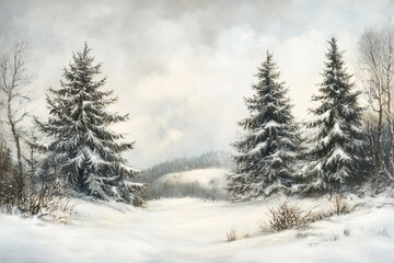 Obraz premium Illustration of serene winter landscape with snow-covered fir trees