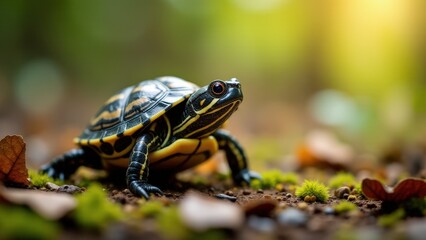 Obraz premium A baby box turtle nestled on a mossy forest floor, perfectly blending with nature
