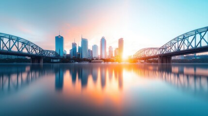 Fototapeta premium A panoramic shot of a waterfront city skyline, with iconic bridges and buildings reflected in the calm waters of a harbor.