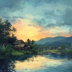 Fototapeta premium Peaceful Fantasy Scene with Colorful Tropical Houses and Palm Trees