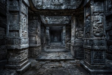 Aztec Mictlan ruins with ancient carvings and dark passages evoking fear