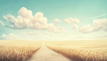 Fototapeta premium A winding dirt road through a field of golden wheat under a blue sky with white clouds