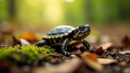 Obraz premium Baby box turtle on leaf-laden ground, its detailed shell and curious gaze highlighted