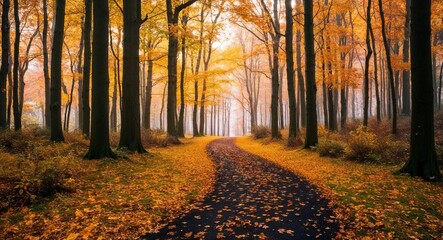 Naklejka premium Autumn forest with falling leaves golden light winding path