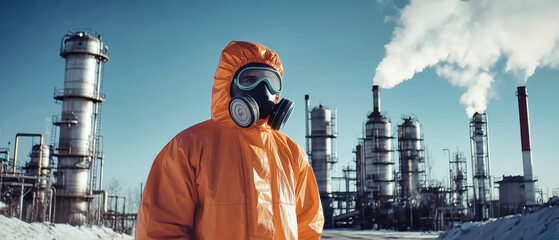 A man in an orange protective suit and gas mask stands in front of a chemical plant, showcasing industrial safety in a modern environment