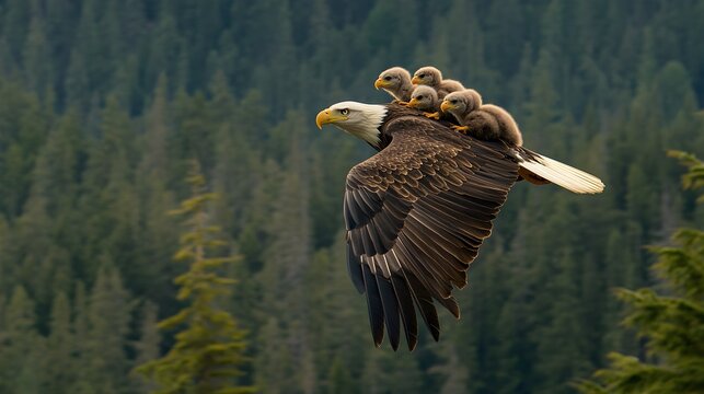 Bald eagle flying with eaglets on back, wildlife photography, parenthood concept, majestic bird in nature, family, freedom