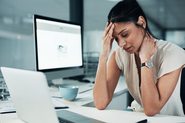Business woman, headache and tech with stress, burnout and laptop work with anxiety. Office, desk...