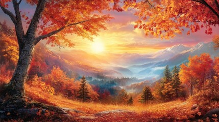Fototapeta premium View of the autumn forest in mountains on sunset. 