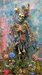 Fototapeta premium Viking witch, zombie skeleton, and steampunk characters amidst vibrant pink and blue wildflowers
