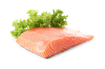 Piece of fresh salmon and lettuce isolated on white