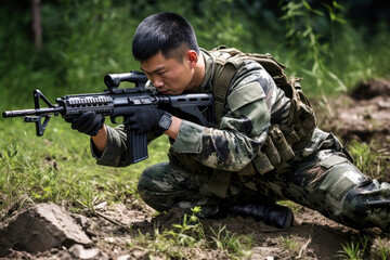 A Chinese soldier in camouflage gear kneels in a defensive position while aiming a rifle on a training ground during military exercises in a natural environment