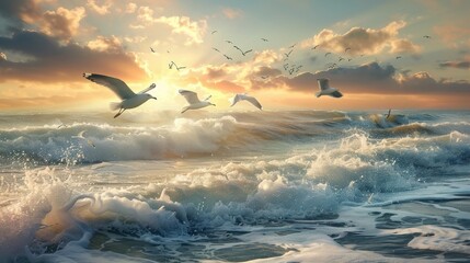 Naklejka premium A coastal scene with seagulls flying over waves, with the sun setting on the horizon