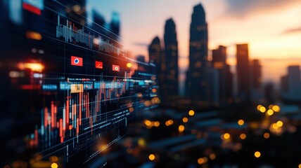 Fototapeta premium Dynamic city skyline with digital finance data overlay at sunset, symbolizing modern technology and urban investment opportunities.