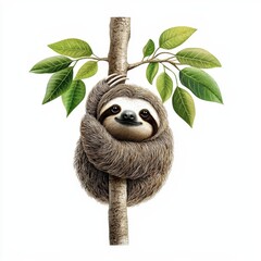 Naklejka premium A cute sloth hanging from a tree branch surrounded by green leaves, embodying relaxation and tranquility in nature.