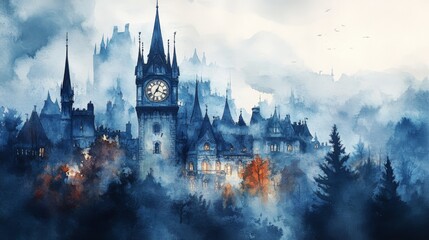 Fototapeta premium A Watercolor Painting of a Castle with a Clock Tower and Fog