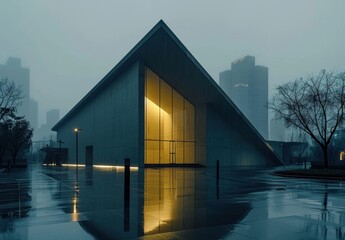 Brutalist church design by Tadao Ando on rainy street in fog