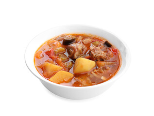 Delicious stew with vegetables in bowl isolated on white