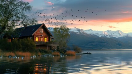 Fototapeta premium A cozy lakeside cabin with birds flying over the water and mountains in the distance