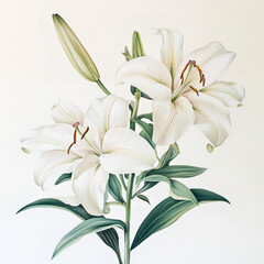 Fototapeta premium Delicate White Lilies in Watercolor Illustration