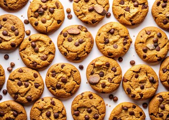 Drone Photography of Delicious Chocolate Chip Cookies Isolated on White Background for Culinary and Food Photography Needs
