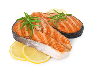 Tasty grilled salmon steaks with lemon and rosemary isolated on white
