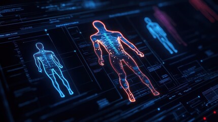 Futuristic digital human anatomy with glowing outlines and data overlay.