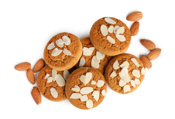 Tasty cookies with almonds isolated on white, top view