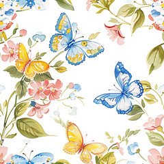 Fototapeta premium A butterfly patterned wallpaper with a variety of butterflies in different colors. The butterflies are surrounded by flowers and leaves. 