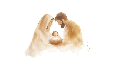 Fototapeta premium Holy family with baby Jesus nativity scene with mary, joseph in a manger: Christmas watercolor illustration on transparent background
