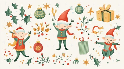 Fototapeta premium Christmas Elves Illustration: Festive Holiday Decor & Cheer