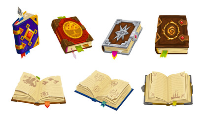 Medieval book game asset icons, ancient fantasy magic spellbooks and manuscripts, vector UI and GUI elements. Magic game open books with old parchment pages, leather covers, gems and ribbon bookmarks