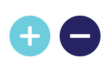 Obraz premium Minus and plus signs icons, flat round buttons set. Plus and minus vector icon in modern design style for web site and mobile app. Vector illustration. Eps file 42.