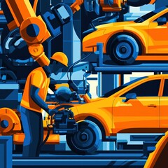 Fototapeta premium Workers Operate Robotic Arms to Assemble Bright Orange Cars