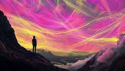 Silhouette of a Person Gazing at a Pink and Yellow Swirling Sky Above a Mountainous Landscape