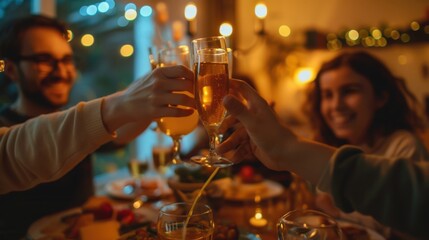 A family toasting with glasses of juice at dinner, capturing a moment of togetherness and joy