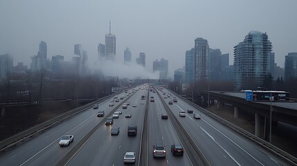 Fototapeta premium A city skyline overshadowed by smog caused by traffic congestion on busy streets filled with cars and buses