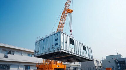 A large crane lifts a modular building unit against a blue sky, indicating construction or installation of prefabricated sections in an urban setting.
