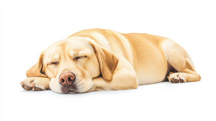 Happy dog sleep in bed, Sleeping Labrador Retriever, peaceful and relaxed, resting comfortably.  Isolated on white background