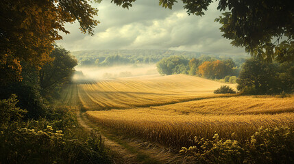 Obraz premium A tranquil morning mist hovering over ripe fields, creating a magical atmosphere for harvest time.