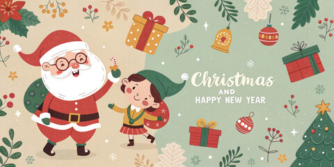Fototapeta premium Generative AI Illustration of a festive Christmas and New Year scene featuring Santa Claus, snowy village houses, Christmas trees, and a night sky with falling snow. The words 'Christmas and 