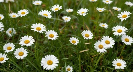 Fototapeta premium Field of daisies with white petals and green grasses