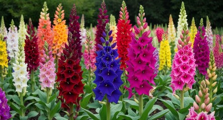 Obraz premium Field of gladiolus with tall colorful spikes of flowers