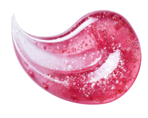 Vibrant pink lip gloss swatch with sparkling texture