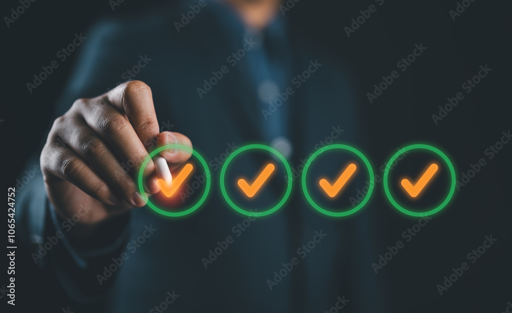 Poster quality check, businessman makes a checklist assessment and questionnaire, businessman using smartph
