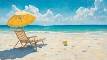 Sunny day on a sandy beach with a striped lounge chair, yellow umbrella, and a ball on the shore, with a clear, open sky in the background.